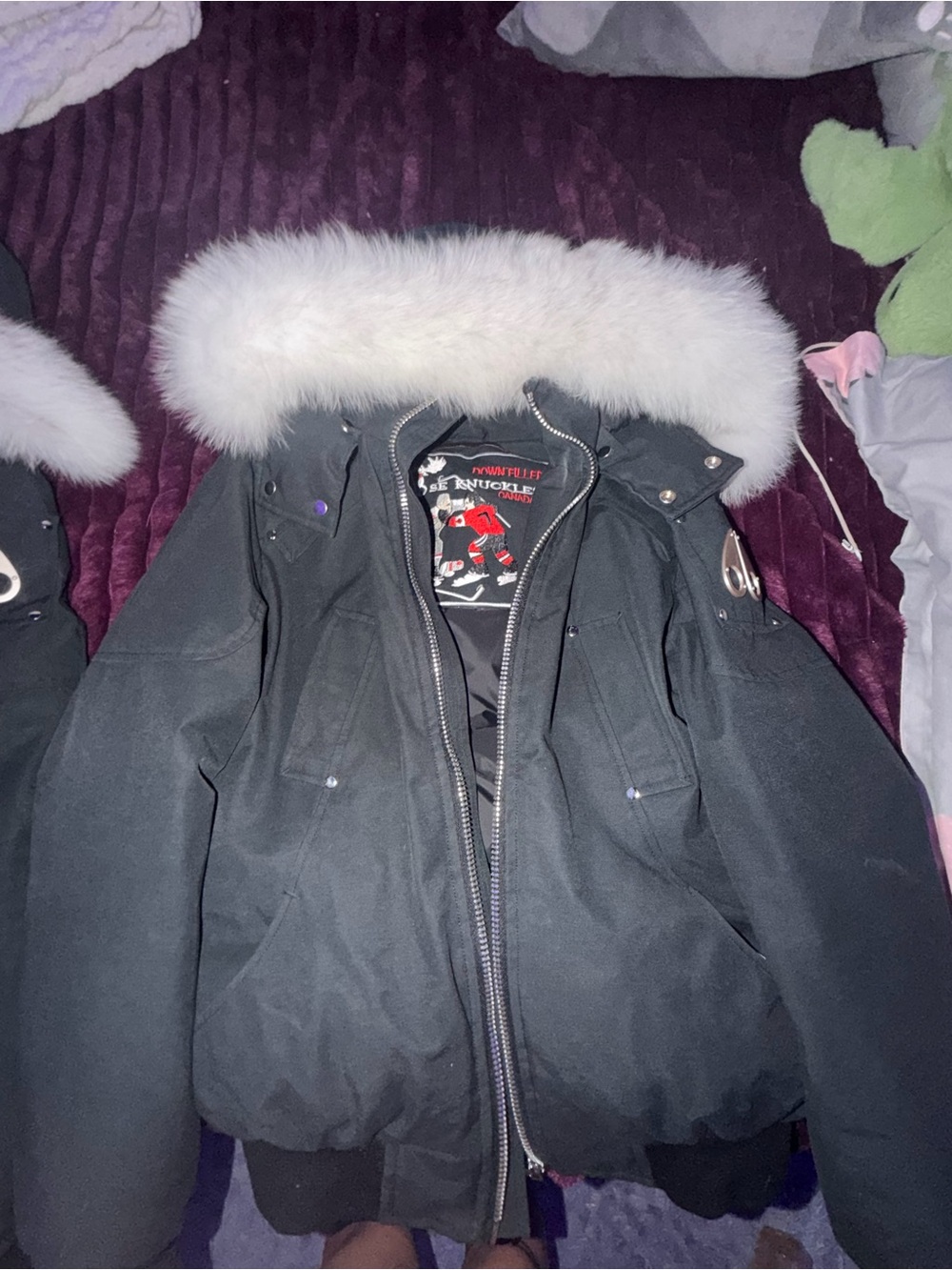 Moose Knuckles Black Puffer Jacket with White Fur Trim